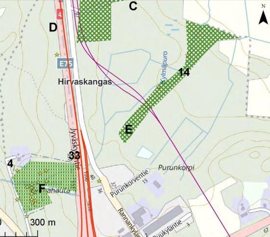 Kaupunginhallitus 10.4.2017 liite nro 2 (11/52) 10 Kuva. Vasemmalla Kylmäpuron (E) ja Kylmähaudan (F) liito-oravametsät, oikealla Paavolan liitooravametsä (C).
