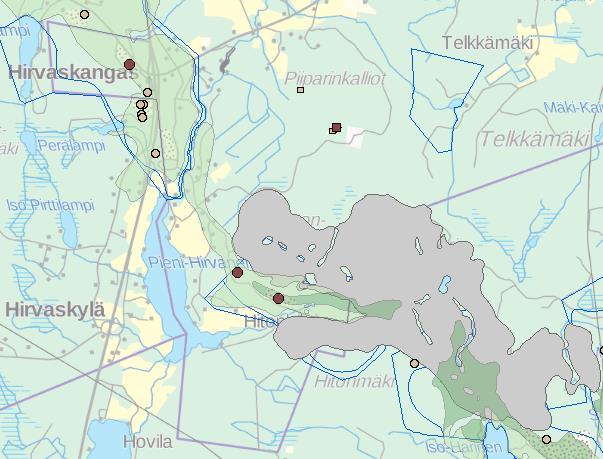 Punainen; kalliomaa, vihreä; karkearakeninen maalaji, ruskea; sekalajitteinen maalaji, lila; hienojakoinen maalaji.