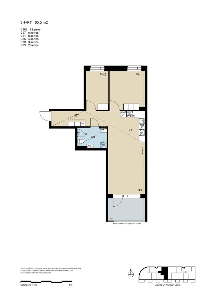 65,5 m² 3 h + kt C73 C79 C85 C91 C97 C103 2. KERROS 3.