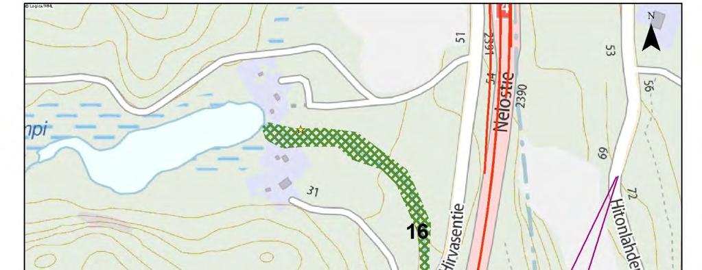 Luontoselvitys 16 / 76 G. Pienen Pirttilammen laskupuro 1,6 ha Pienen pirttilammen laskupuron molemmin puolin on n. 15 25 m levyisellä kaistaleella liitooravalle sopivaa puustoa.