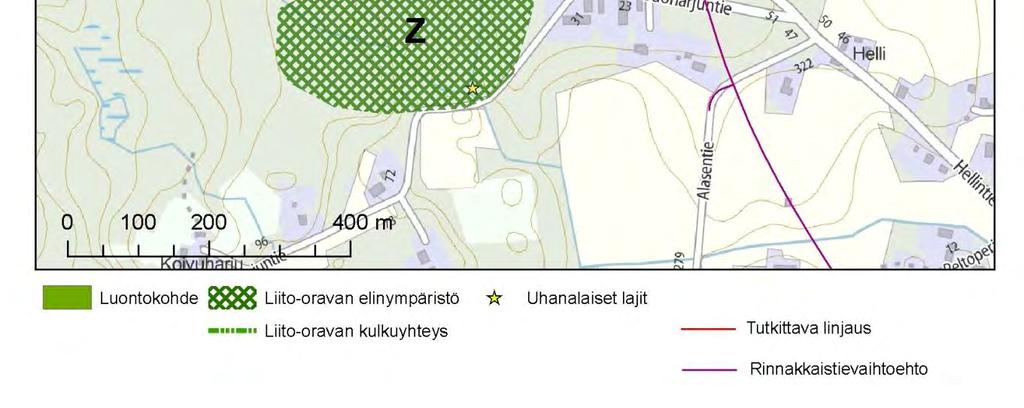 Perälänjoen pohjoinen metsä, 8,2 ha Vehniän kylässä Suoharjuntien pohjoipuolella on vuonna 2007 tavattu liito-orava.