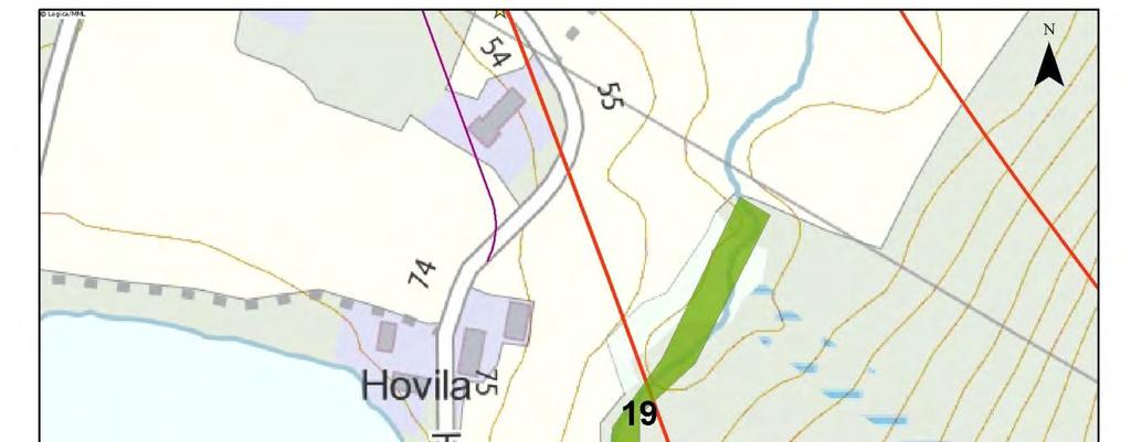 Luontoselvitys 38 / 76 19. Hovilanjoki Kohde on kuvattu tarkemmin kohdassa 7.4.3. Hovilanjoen avovesiosuus on leveimmillään Hovilan tilan eteläpuolella, Iso-Hirvasen puoleisessa päässä uomaa.