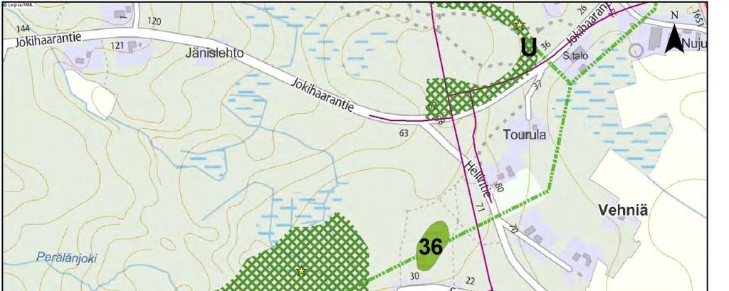 Luontoselvitys 52 / 76 Kuva 7-13 Suo-Harjuntien soistuman (36) paikallisesti arvokas luontokohde. 37. Perälampi Perälampi on merkitty Hirvaskankaan osayleiskaavaan MY-kohteeksi.