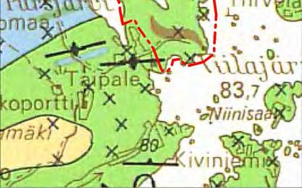 Alueen maaperä on turvetta (harmaa rasteri), moreenia (vaalean keltainen rasteri) ja kalliota (punainen rasteri) (http://www.geokartta.gtk.fi).