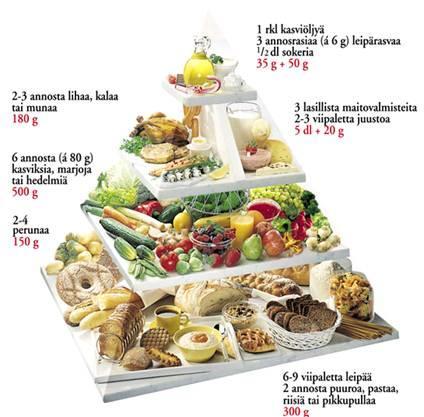 Ravintoaineiden saantisuositukset Ruoankäyttösuositukset (ruokapyramidi) Suositus Saanti Rasvan kokonaissaanti, E% 25-35 32,1 Tyydyttynyt rasva, E% n.