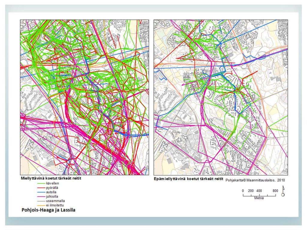 Tärkeiksi koetut reitit Lassilassa ja Pohjois-Haagassa Yllä olevista kartoista vasemmanpuoleisessa on kuvattu ne reitit kulkutavoittain, jotka vastaajat kokevat miellyttävinä ja oikeanpuoleisessa