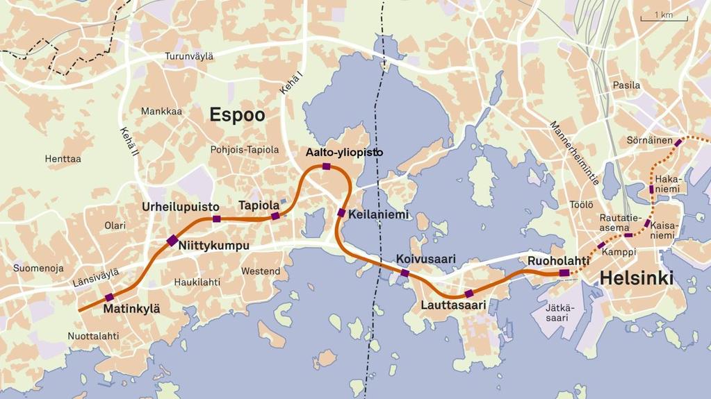 1.2 Länsimetro ja sen liikennöinti Matinkylään päättyvä metro käsittää kahdeksan uutta asemaa, joista kaksi on Helsingin puolella.