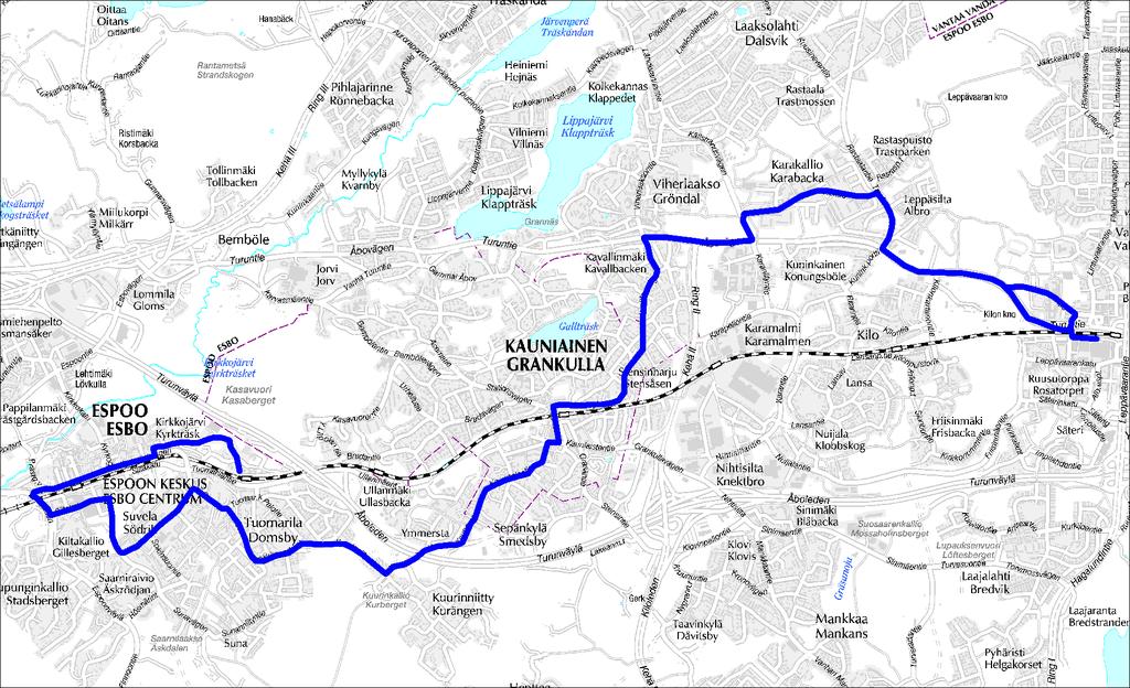 Linja 251 Leppävaara Kauniainen Espoon keskus Tuomarila Linja 251 Ruuhka Päivä/Ilta Hiljainen La, päivä Su, päivä aika Vuoroväli, min 20 30 30 30 30 Minimikierrosaika, min 99 90 77 90 77