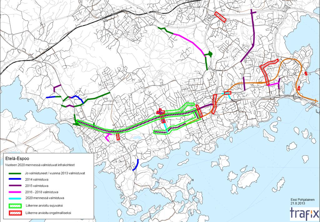 Kuva 7. Tie- ja katuverkon kehittämishankkeet vuoteen 2020 mennessä sekä arvioidut liikenteelliset ongelmakohdat Etelä-Espoossa (lähde: Espoon kaupunki).