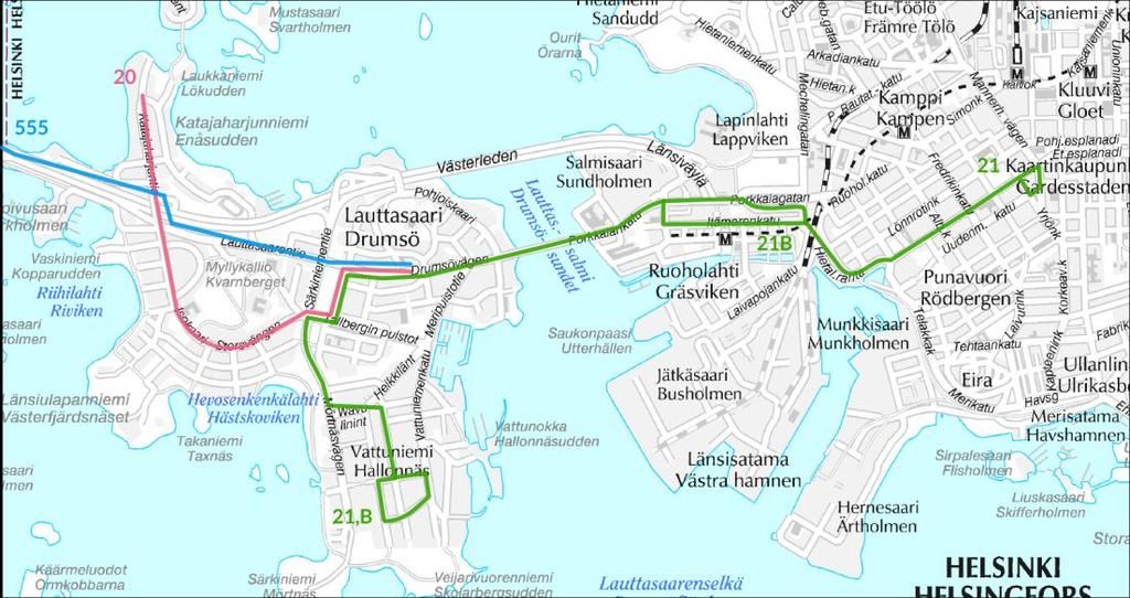 Espoon suunnalta linja 555 linjataan Keilaniemestä Länsiväylän ja Lauttasaarentien kautta Lauttasaaren metroasemalle.