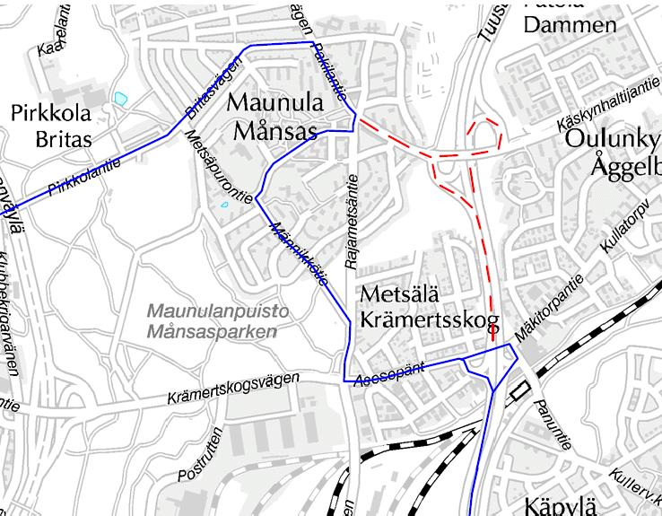 Seuraavassa kuvassa on esitetty Maunulassa tapahtuva linjan 51 reittimuutos. Sinisellä on kuvattuna uusi reitti ja punaisella katkoviivalla poistuva reittiosuus.