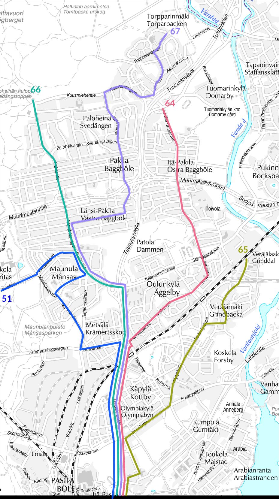 Kuva 19. Suunnitelmassa käsitellyt Veräjälaakson ja Pakilan linjat.