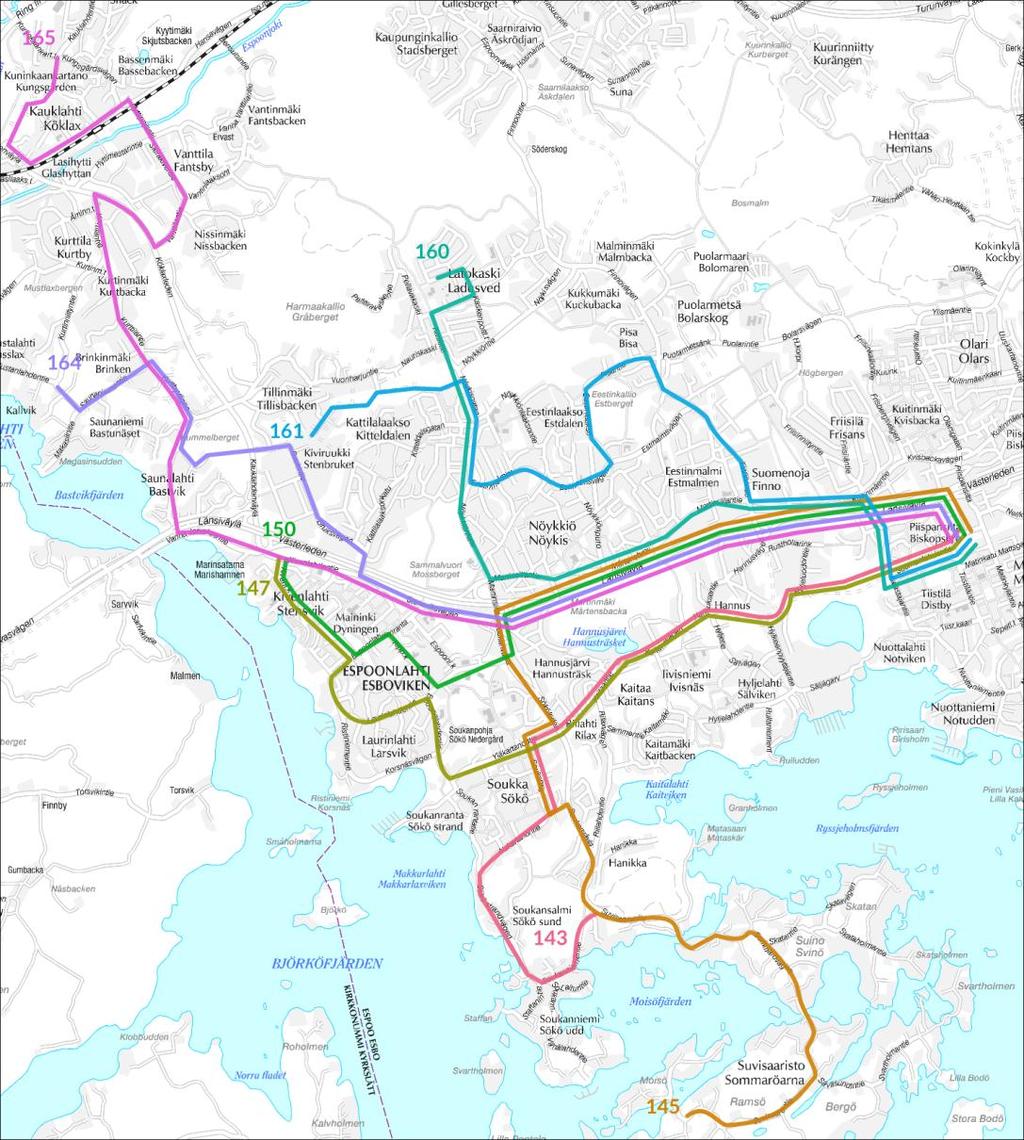 Espoonlahden suuralueen linjat Seuraavassa kuvassa on esitetty suunnitelman mukaiset Matinkylän ja Espoonlahden suuralueen väliset linjat. Kuva 24.