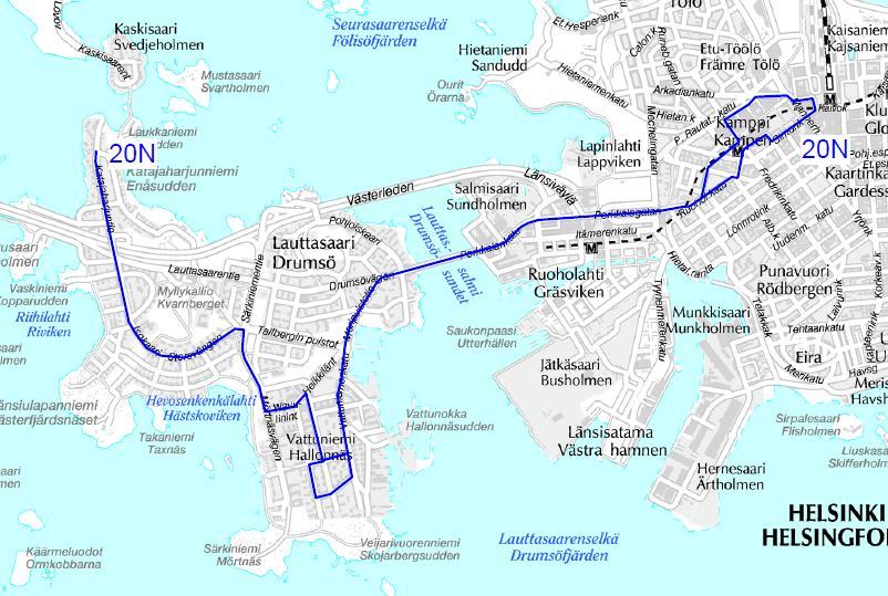 Kuva 28. Linja 20N. Lauttasaaren läpi, Lauttasaarentietä pitkin, on tarpeen linjata joku tai joitakin Espoon suunnan N-linjoista.