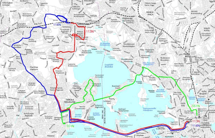 Linjan 113N Kamppi Tapiola Laajalahti Perkkaa Leppävaara reitti on päiväliikenteen linjan 113 reitin kaltainen, mutta reitti jatkuu Tapiolasta Kamppiin asti.