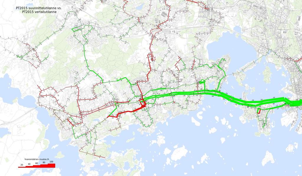 Kuva 35. Suunnitelman (v. 2014 alun suunnitelmaluonnos) linjaston päivätunnin tarjonta (vuoroa tunnissa). Kuva 36. Suunnitelman (v. 2014 alun suunnitelmaluonnos) ja nykytyyppisen bussilinjaston tarjontaero päivätunnissa (vuoroa tunnissa, punainen kasvua, vihreä vähenemää).