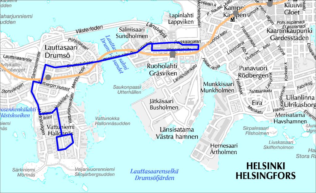 Linja 21B Vattuniemi Lauttasaari (M) Ruoholahti (M) Linja 21B Ruuhka Päivä/Ilta Hiljainen aika La, päivä Su, päivä Vuoroväli, min 15 20 20 20 20 Minimikierrosaika, min 34 29 26 29 26 Suoritelaskennan