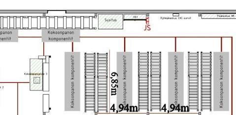 40 Poistuvan maalaamon takaosalle on sijoitettu kuormalavahyllyjä, joissa varastoidaan kaikki kokoonpanon komponentit.