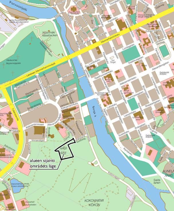 1 SUUNNITTELUALUE Asemakaavan muutos koskee Porvoon keskustan lounaisosassa, Länsirannan eteläisen osan keskivaiheilla sijaitsevan rakentamattoman alueen rakentamisen määrää ja käyttötarkoitusta.