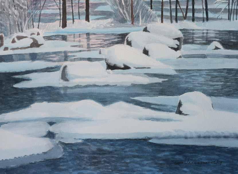 Seppo Väänänen, Tammikuu, vesiväri, 2014 Seppo Väänäsen Hiljaiset virrat Kulttuurikeskuksen kevätnäyttelynä Veikko Myller, Härkä 1, pronssi, 2015.