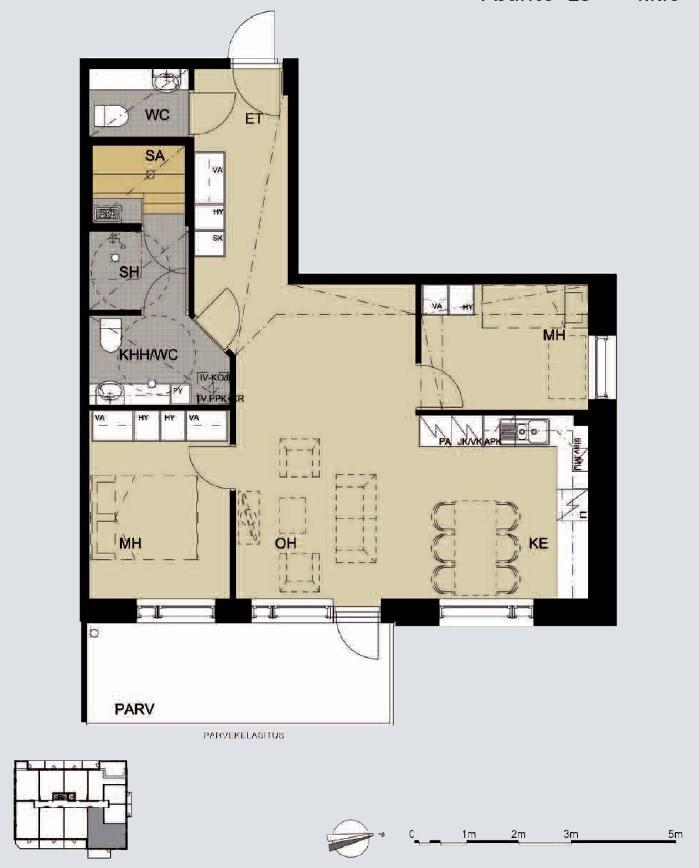 yht. (kpl/m2): Asuinhuoneistoja 37 kpl (1814,0 m²) Liikehuoneistoja 3 kpl (121,0 m²) Muita tiloja 4 kpl (24,0 m²) Tiedot autopaikoista: Autotalleja tai hallipaikkoja 26 kpl, piha-autopaikkoja 6 kpl.