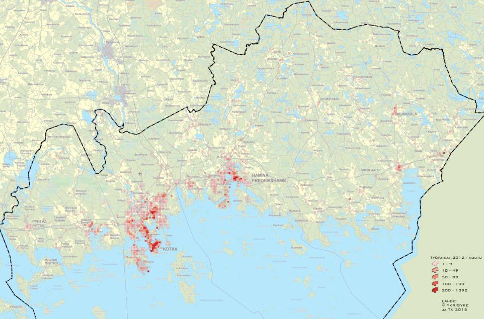 Kuva 19. Kotkan Haminan seudun työpaikat YKR-aineiston perusteella (2012). Alueen asukkaista seutukunnan ulkopuolella työskentelee noin 3 000 henkilöä, joista reilu 900 Kouvolassa.