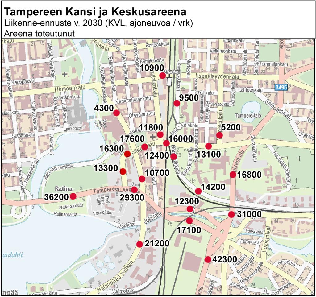 Tampereen Kansi ja Keskusareena asemakaavamuutosehdotuksen liikenteelliset vaikutukset 19 on vuonna 2030 noin 29 400 ajoneuvoa vuorokaudessa, Lempääläntien liikennemäärä Viinikan liittymän