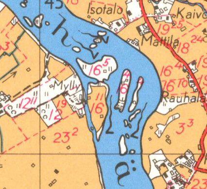 Vuoden 1751 isonjaon kartalle on merkitty 3 vesimyllyä itäpuolella sijaitsevaan saareen (ks.