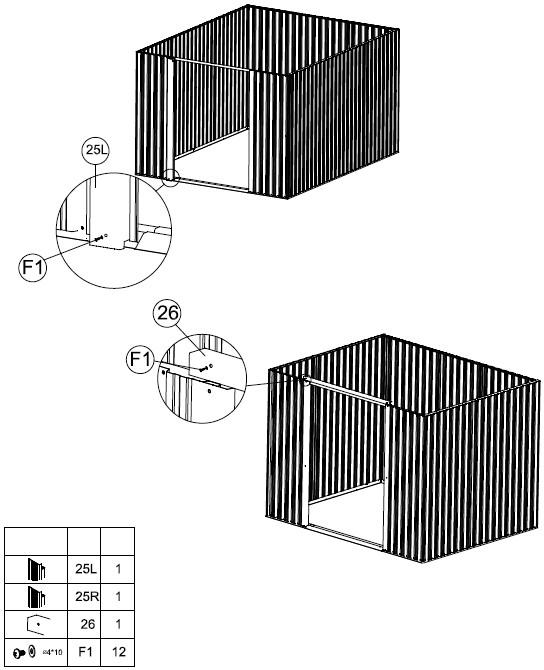 Vaihe 5 Aseta vasen ovenkarmi (25L) pohjakiskon (3L) päälle ja kiinni seinäpaneeliin alla olevan piirroksen mukaisesti.