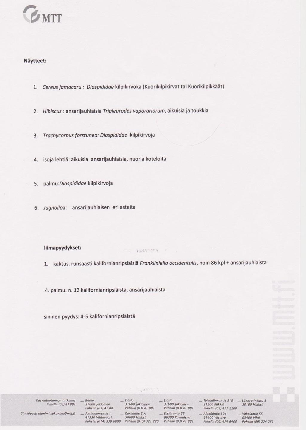 Tulokset kasvinäytteistä