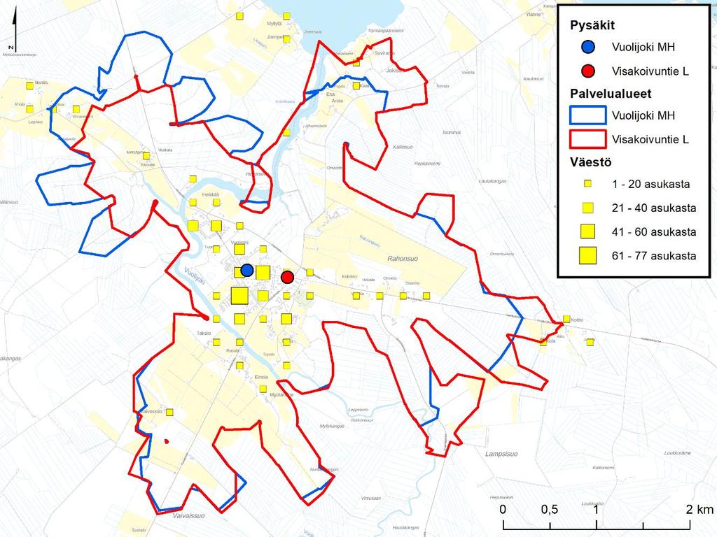 Kuva 28. Vuolijoki MH- ja Visakoivuntie L -pysäkkien palvelualueet kävellen.
