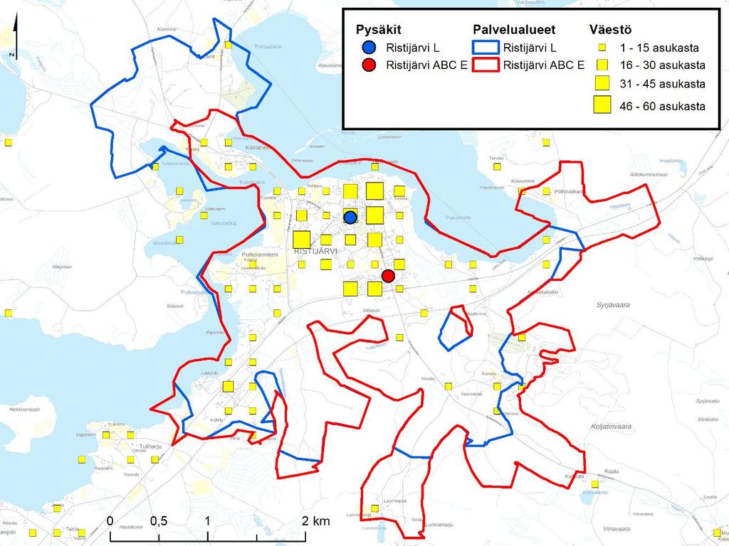 Keltaiset neliöt kuvaavat väestön sijoittumista. Taustakartta: MML Taustakartta Kuva 41.