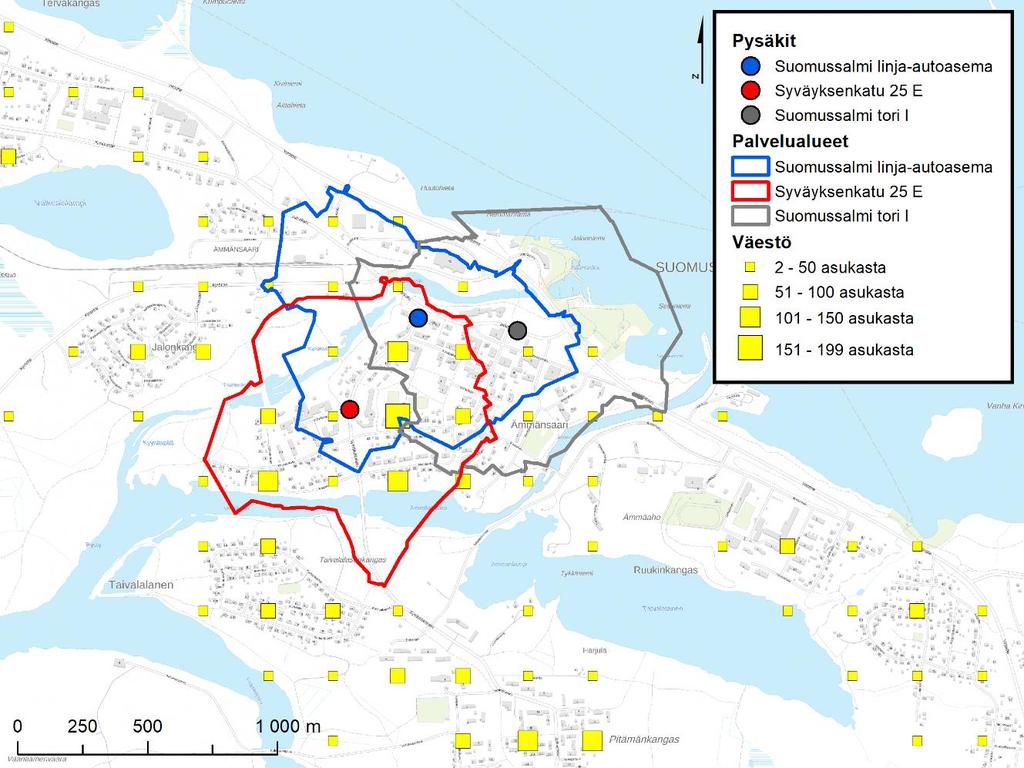 Kuva 46. Pysäkkien palvelualueet kävellen, Suomussalmen keskustaajama.