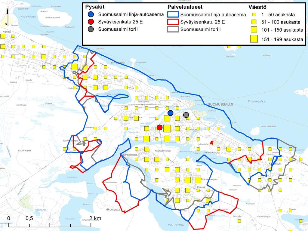 Keltaiset neliöt kuvaavat väestön sijoittumista. Taustakartta: MML Taustakartta Kuva 47.