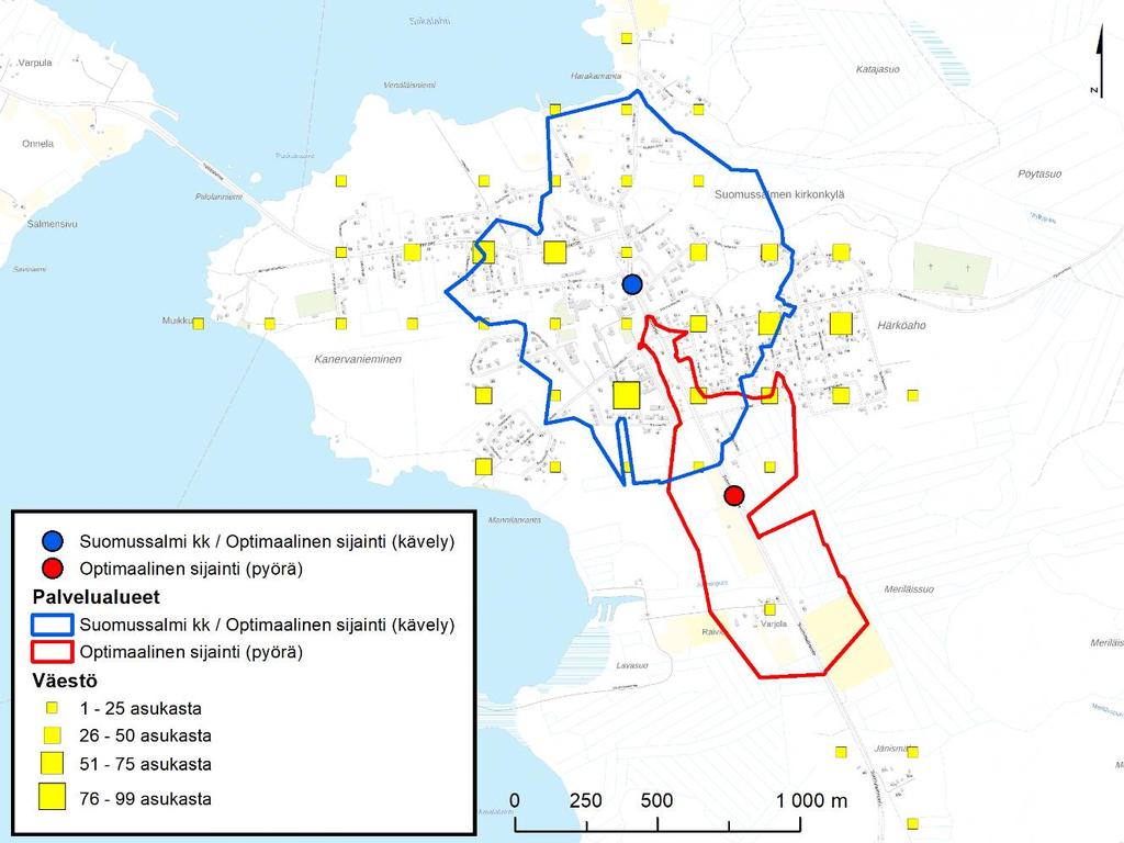 Kuva 48. Parhaiten saavutettavien pisteiden palvelualueet kävellen, Suomussalmen kirkonkylä.