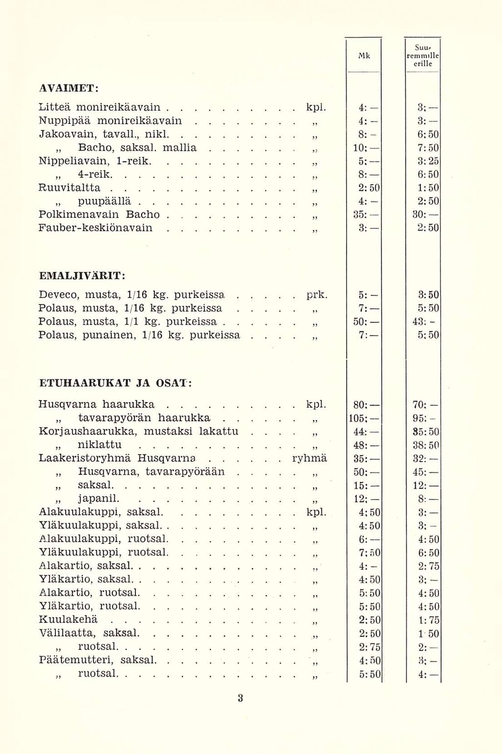 ruotsal 50: 7:50 5:50 AVAIMET: 4reik Litteä monireikäavain kpl. 4: 3; Nuppipää monireikäavain 4: 3: Jakoavain, tavall., nikl 8: 6:50 Bacho, saksal.