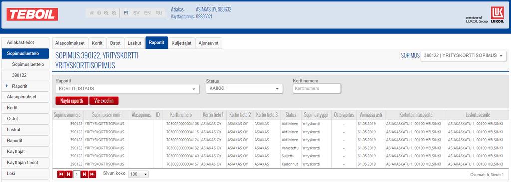 Raportit + Valitse Ylävalikosta Raportit; + Valitse haluamasi raportti: o o o Korttilistaus raportti näyttää asiakkaan kaikki kortit tai kortit valitun hakukriteerin perusteella; Hakukriteerit ovat