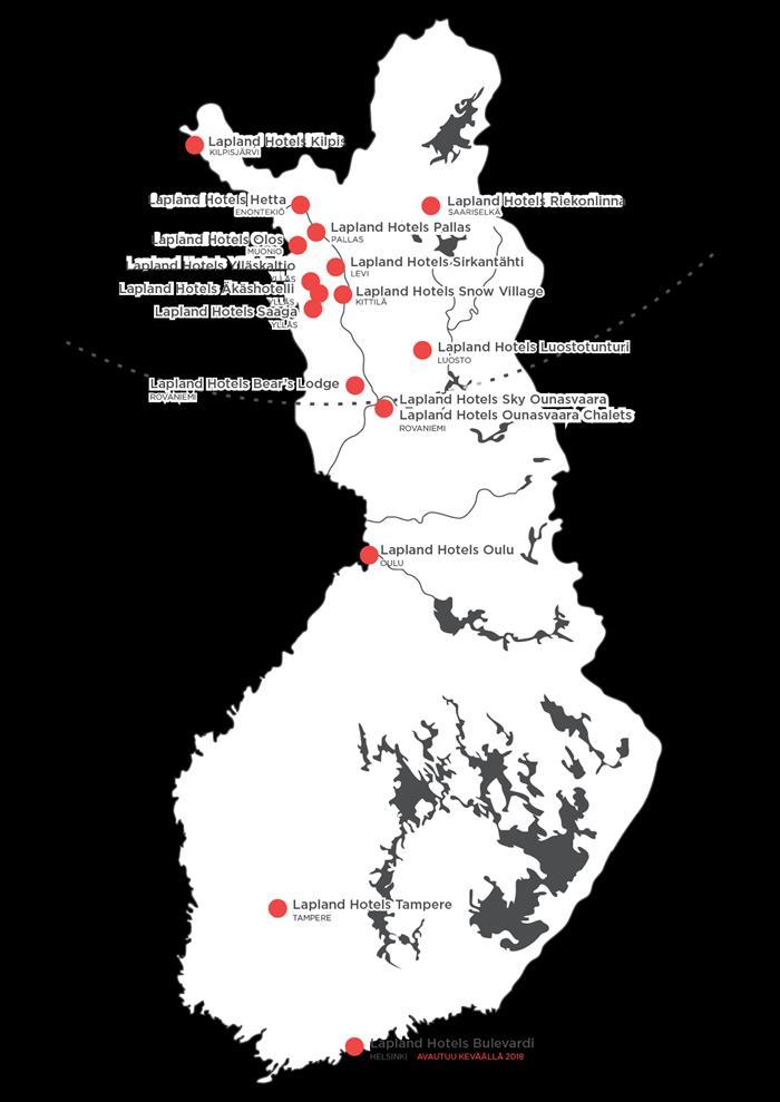 LAPLAND HOTELS OY Lapland Hotels Oy on Suomen suurin yksityinen hotelliketju, johon kuuluu 16 hotellia, yhteensä 1900 huonetta, huoneistoa ja mökkiä sekä 9000 ravintolapaikkaa ympäri Suomea Uusin