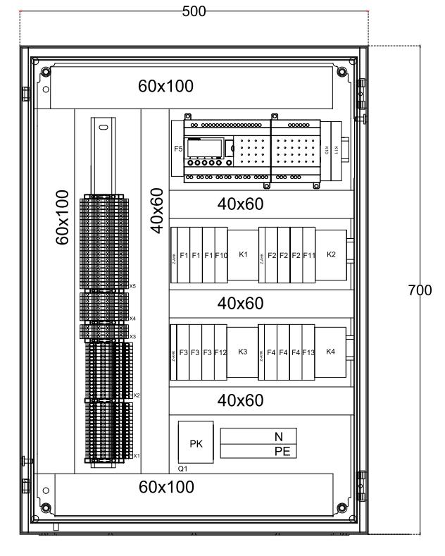 25 KUVA 14. Keskuksen layout Käytännössä kaapeleiden keskukseen sisääntuomisen mahdollistaa riviliittimien sijoittelu pystyasentoon ja kaapelikourujen asentaminen keskuksen ylä- ja alalaitaan.
