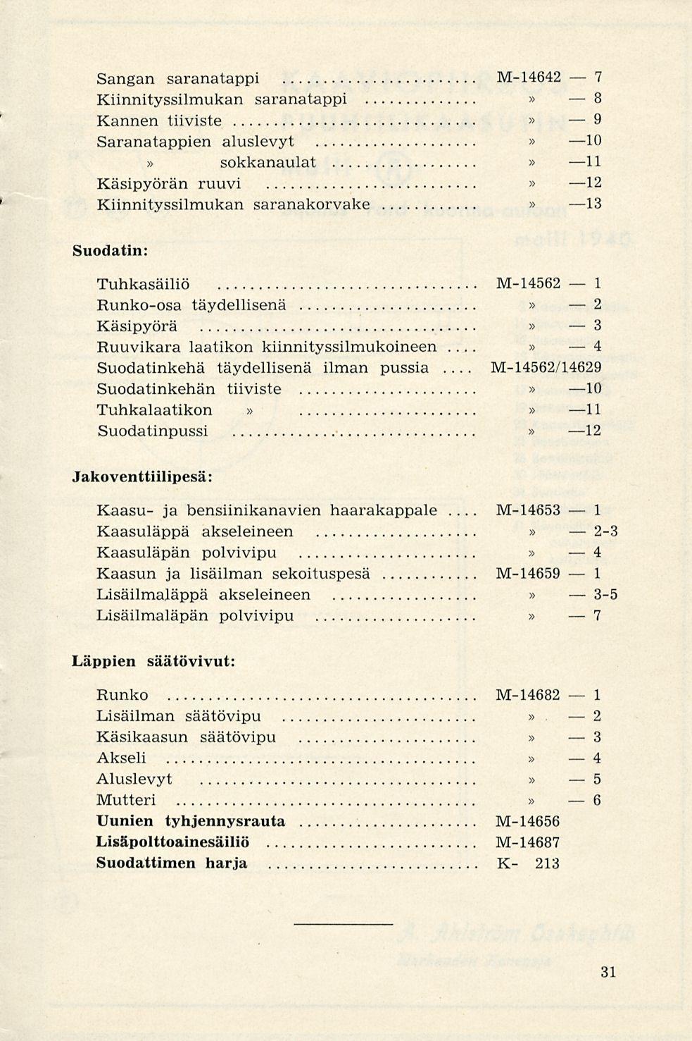 M-14653 Sangan saranatappi M-14642 7 Kiinnityssilmukan saranatappi 8 Kannen tiiviste 9 Saranatappien aluslevyt 10 sokkanaulat 11 Käsipyörän ruuvi 12 Kiinnityssilmukan saranakorvake 13 Suodatin:.