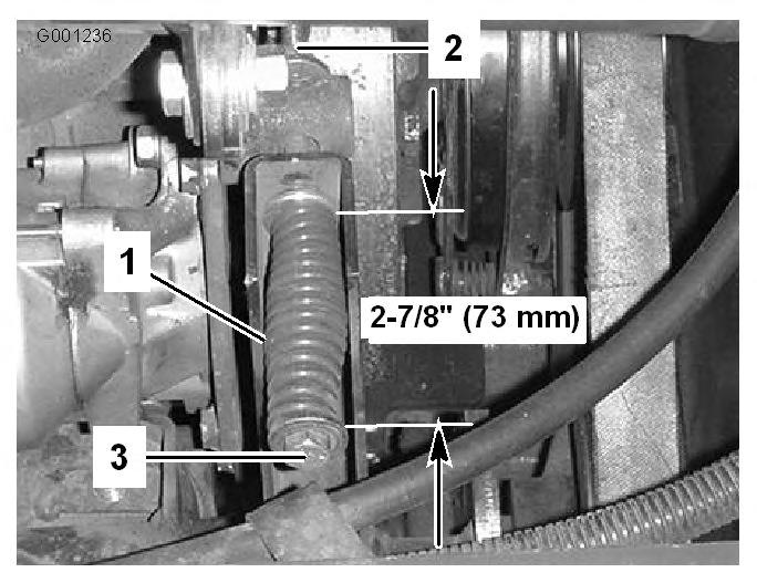 Kiristä tai löysää hihnan kiristysjousta 1/2 tuuman (13 mm) avaimella (Kuva 65). Säädä jousi 73 mm:n pituiseksi. 5. Kiristä vastamutteri. Kuva 64 1. Laturi 2. Kiinnityspultti 3.