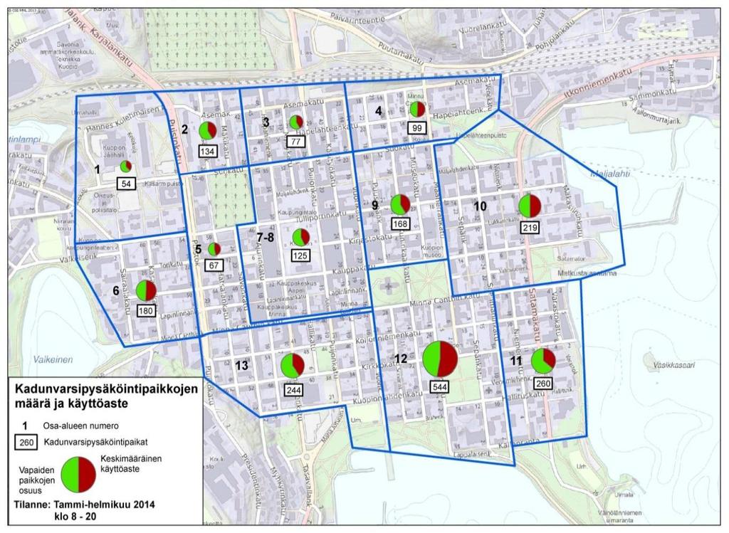 7 Kadunvarsipaikkojen määrä osa-alueittain on esitetty kuvassa 2-6. Eniten kadunvarsipaikkoja on ydinkeskustan itä-, kaakkois- ja eteläpuolisilla alueilla (osa-alueet 10 13).