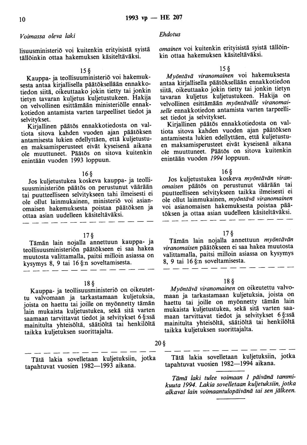 10 1993 vp- HE 207 Voimassa oleva laki lisuusministeriö voi kuitenkin erityisistä syistä tällöinkin ottaa hakemuksen käsiteltäväksi.