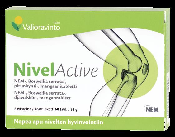 2 0 18 T NIVEL ACTIVE NivelActiven patentoitu munamembraaniuute NEM (Natural Eggshell Membrane) sisältää luonnostaan runsaan ja tasapainoisen seoksen nivelille tärkeitä ravintoaineita kuten