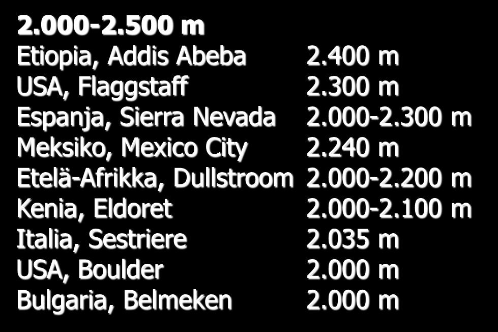 Moritz 1.820 m Marokko, Ifran 1.820 m Sveitsi, Davos 1.560 m Etelä-Afrikka, Pretoria 1.