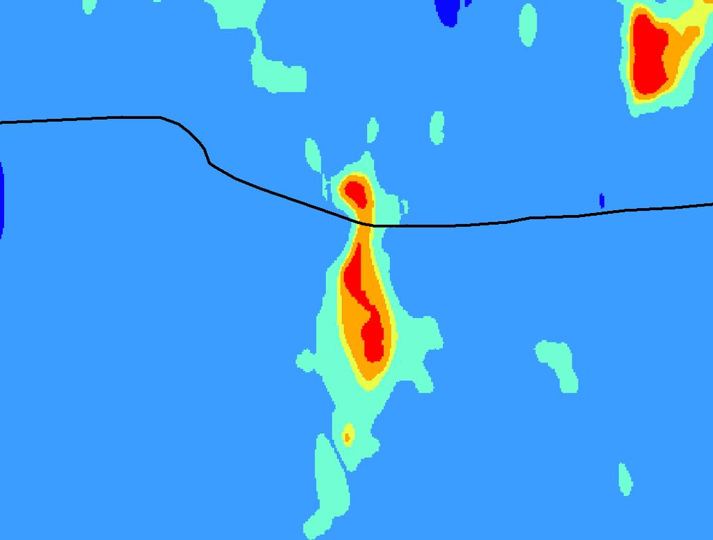 Kuva 15. Syvyysrasteri matalikon kohdalla. Toisessa käyttötapauksessa havainnollisin tapa visualisoida laivan reittiä oli muodostaa reittiprofiili.