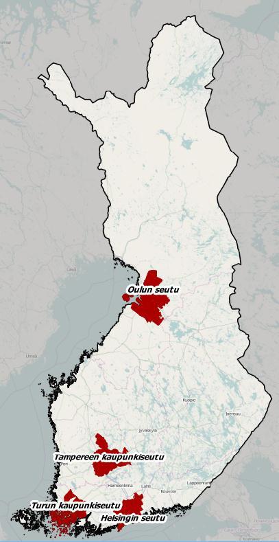 Sopimusseudut: Helsingin seudun kunnat (14 kuntaa) Oulun seudun kunnat (7 kuntaa)