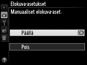 y Elokuva-asetukset Käytä kuvausvalikon Elokuva-asetukset-vaihtoehtoa seuraavien asetusten säätämiseen. Kuvakoko/kuvataajuus, Elokuvan laatu: Käytettävissä ovat seuraavat vaihtoehdot.