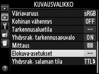 1 Valitse Elokuva-asetukset. Valikot saa näkyviin painamalla G- painiketta. Korosta kuvausvalikosta Elokuva-asetukset ja paina 2. G-painike 2 Valitse elokuvan asetukset.