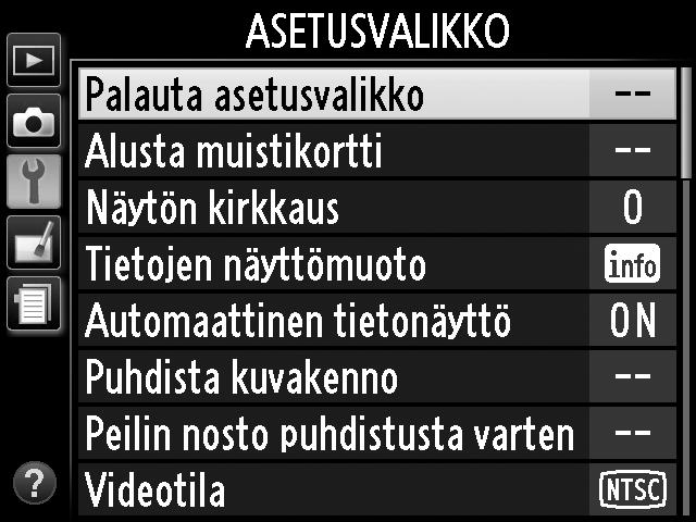 U Valikko-opas Useimpia kuvaus-, toisto- ja asetusvaihtoehtoja voidaan säätää kameran valikoiden kautta. Valikot saa näkyviin painamalla G-painiketta.